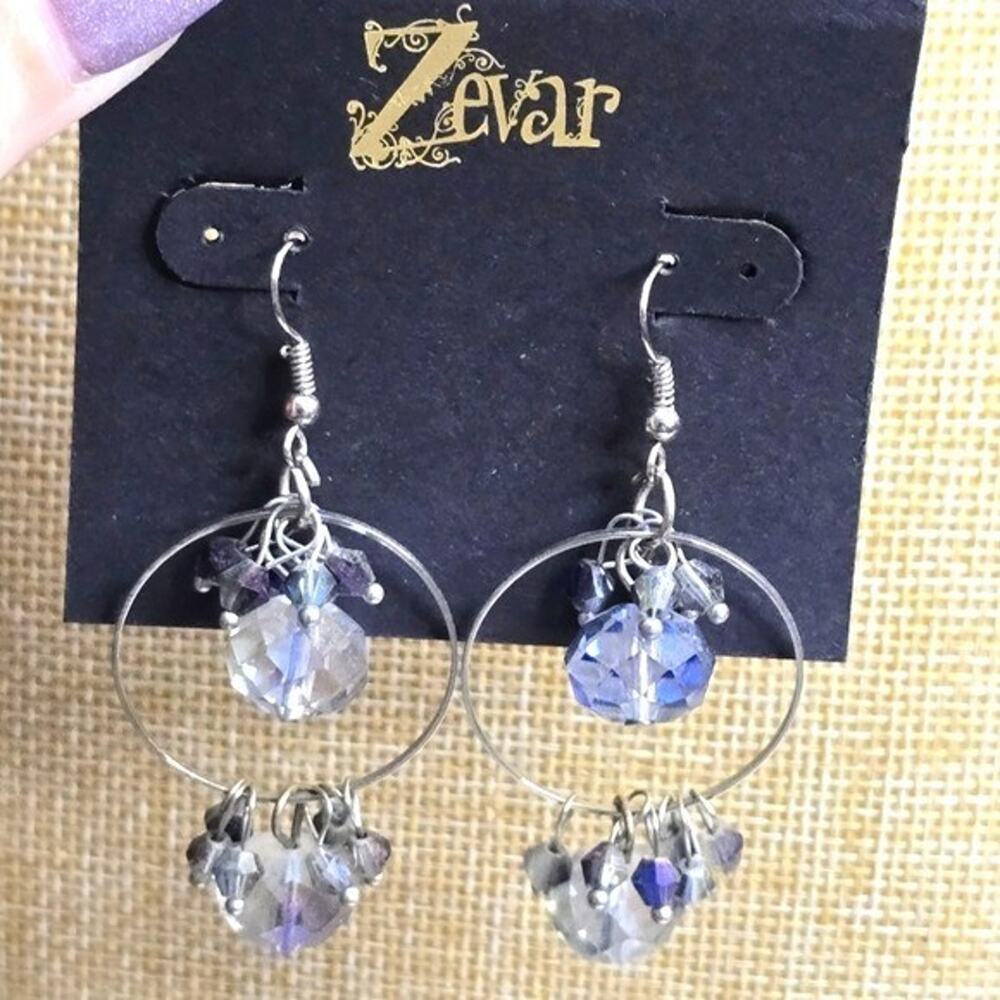Treska Zevar Silver Faceted Glass Bead Hoop Dangle Earrings Grey Blue Fishhook